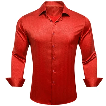 Роскошные Шелковые рубашки для мужчин, Атласная Красная Однотонная мужская блузка с длинным рукавом, повседневные вечерние топы, дышащие Barry Wang