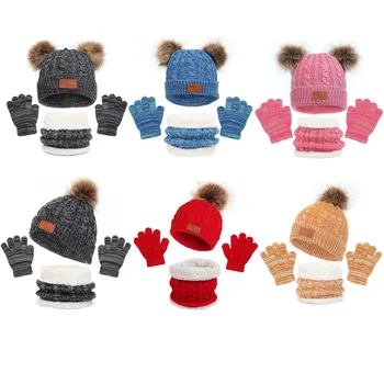 Осенне-Зимние Теплые Детские перчатки + Шапочка-бини + Шарф, Комплект, Плюшевая утепленная шапка с помпоном, Детская шапка от 1 до 5 лет, детские Лыжные рукавицы для защиты рук