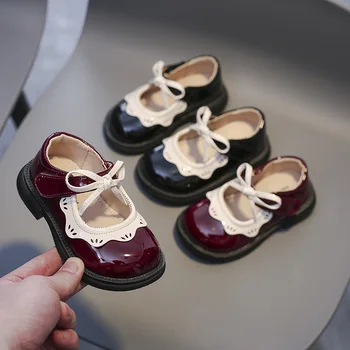 Повседневная обувь для маленьких девочек, весна-осень, обувь для малышей, Удобная детская кожаная обувь принцессы с кружевным бантом на мягкой подошве