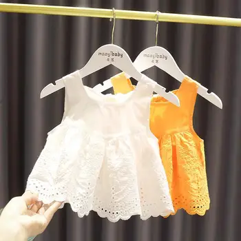 Летнее однотонное платье без рукавов для девочек 2023 года, Новый жаккардовый топ на бретелях с полым бантом, модная повседневная корейская детская одежда